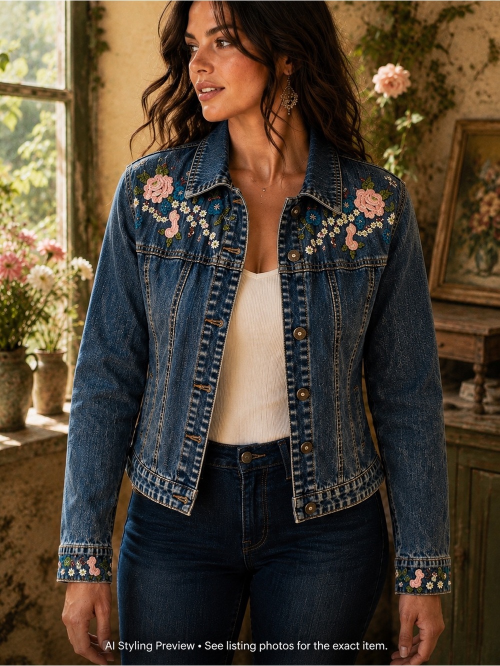 Live a Little M Floral Embroidered Denim Jean Jacket Cottagecore Boho